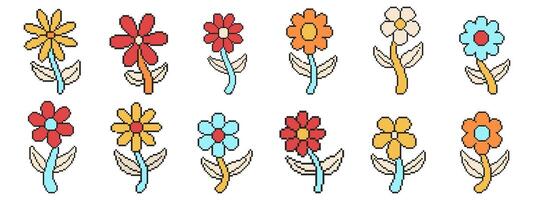 8 bit flower icon set, Pixel art object. Old school computer graphic style. vector