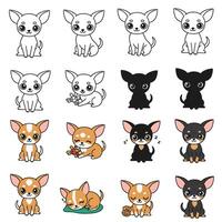Cute Chihuahua Cartoon Drawing Set. vector