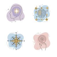 Mind Map Brain with Compass, Idea, and Innovation Icons. vector