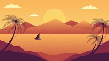 Beautiful tropical sunset with palm trees mountains and a sailing boat on calm water ideal for travel backgrounds nature scenes and peaceful themes vector