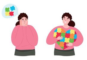 A person with autism spectrum problems, feels the problem, accepts himself. Puzzle as a symbol of mental differences, brain work. flat graphics. vector