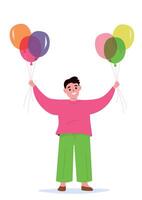 Cheerful child holds balloons in two hands. The boy is happy, plays. Enjoys life. flat graphics. vector