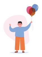 The boy stands at full height, holds balloons in his hands. The joyful positive child smiles. flat graphics. vector