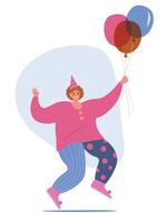 Bright positive man in a clown costume holds balloons in his hand. Cheerful character at a party. flat graphics. vector