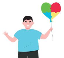 A boy with autism is positive, smiling, holding a balloon in the form of a heart with colorful puzzles. flat graphics. vector