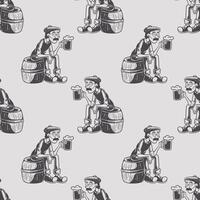 Seamless Pattern Illustration of Casual Man Sitting on a Keg with Mug of Beer vector
