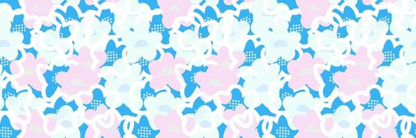 Seamless floral pattern with abstract hand drawn flowers in pastel and light on a blue background. Overlapping outlines and dynamic composition create a playful, modern, and stylish look vector