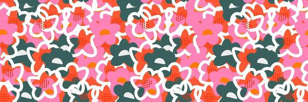 Seamless floral pattern with abstract hand drawn flowers in pink, and green on a orange background. Overlapping outlines and dynamic composition create a playful, modern, and stylish look vector