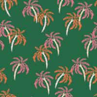 Seamless tropical pattern with hand drawn palm trees in pink, orange, and cream on a deep green background. Vibrant and exotic, perfect for summer fashion, textiles, wallpaper, and branding vector