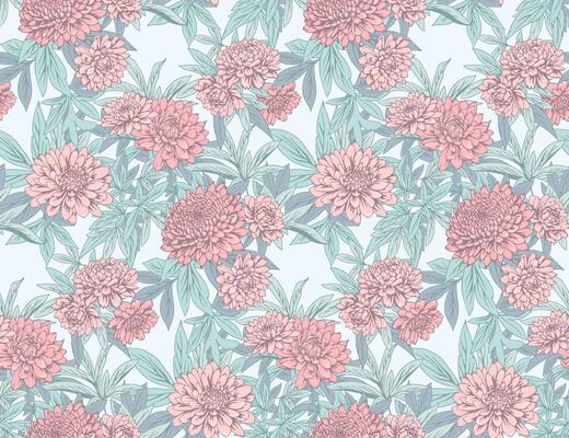 Pastel blooming seamless floral pattern. Abstract artistic chrysanthemum peonies dahlias flowers on branches leaves print. drawn illustration. Nature ornament