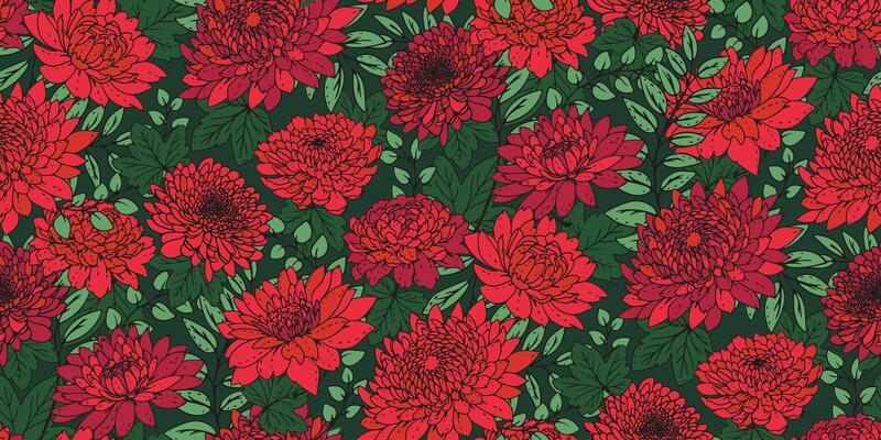 Blooming seamless floral pattern on green background. Abstract artistic red flowers and leaf peonies dahlias print. drawn illustration. Nature ornament for designs, fabric, textiles, fashion