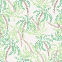 Seamless tropical pattern featuring hand drawn palm trees in pastel and soft tones on a light background. Perfect for summer designs, textiles, wallpapers, beachwear vector