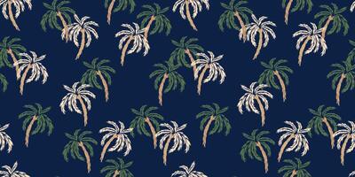Seamless tropical palm tree pattern with a deep navy background. The design features lush green and beige palm leaves, creating a bold, exotic, and stylish look for summer fashion, textiles vector