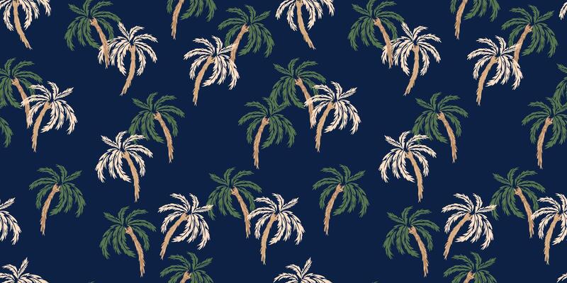 Seamless tropical palm tree pattern with a deep navy background. The design features lush green and beige palm leaves, creating a bold, exotic, and stylish look for summer fashion, textiles