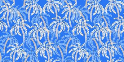 Seamless tropical palm tree pattern with artistic brushstroke texture. Vivid blue background with palm leaves. Perfect for summer fashion, textiles, wallpapers, and branding. vector