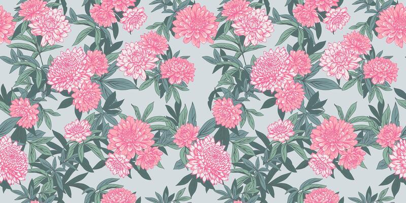 Blooming seamless floral pattern. drawn illustration botanical. Abstract artistic pink flowers and green leaf print. Nature ornament for designs, wallpaper, fabric, fashion, textiles
