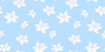 Seamless floral pattern with simple hand drawn white flowers on a pastel, soft blue background. Ideal for fabric, wallpaper, packaging, and summer themed design projects. vector