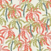 Vibrant seamless pattern with hand drawn tropical palm trees in bold red and green tones on a light background. Exotic, dynamic, and trendy, perfect for summer textiles, wallpapers, branding vector