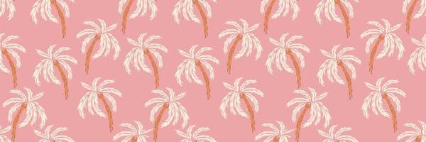 Seamless tropical pattern featuring hand drawn palm trees in soft tones on a pastel pink background. Perfect for summer textiles, beachwear, wallpaper, or exotic themed branding vector