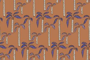 Seamless tropical pattern featuring hand drawn palm trees with textured trunks and curved leaves on a beige background. Ideal for summer themed designs, textiles, wallpapers, and packaging. vector