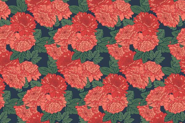 Opulent vintage seamless floral pattern. Blooming red flowers and green eaves background print. drawn illustration. Nature Ornament for constructions, fabrics, textiles
