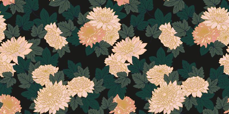 Chic floral seamless pattern on dark background. Stylized peonies, dahlias, chrysanthemums. Artistic abstract flowers and leaves repeated print. drawn illustration botanical. Nature ornament