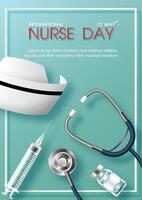 Nurses cap with medical equipment in 3d realistic with wording of event on green background. vector