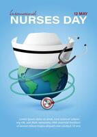 International Nurses day poster's campaign with global, Nurses cap and stethoscope in realistic style, wording of event on blue background. vector