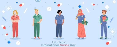 Poster campaign of Nurses day in cartoon character and flat style with national nurses, wording of event in medicine pattern and blue background. vector