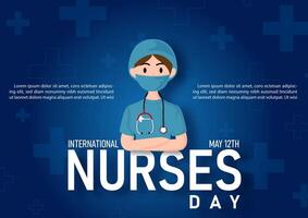 Nurse in cartoon character and paper cut style with Nurses day's wording of event and example texts on gradient navy blue background. vector