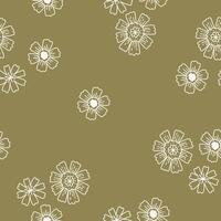 Seamless pattern with delicate white flowers on olive background. Hand drawn illustration for wrapping paper, textile, fabric. vector