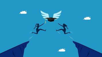 people jumping over a cliff with a graduation cap on top vector