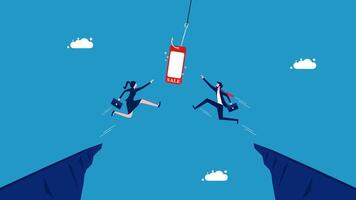 two business people are falling off a cliff and one is holding a phone vector