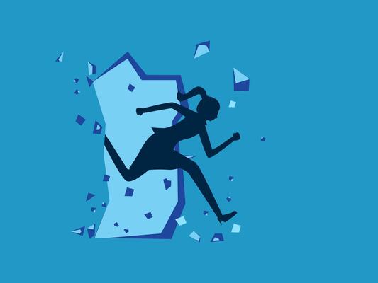 a woman is running through a broken wall