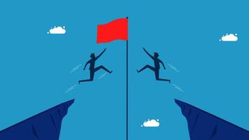 two people are jumping over a cliff with a red flag vector