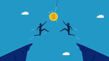 two people are jumping over a cliff to catch a coin vector