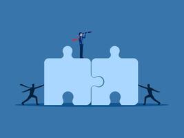 Businessman holding telescope searching for solutions and two employees on a jigsaw puzzle vector