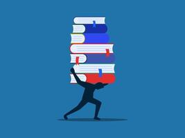 Endure to learn more, businessman trying to carry a pile of books vector
