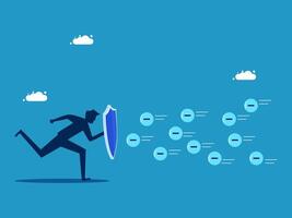businessman running with a shield and a cloud of data vector