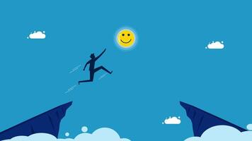 a man is jumping over a cliff to reach a smiley face vector