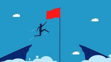 a man jumping over a cliff with a red flag vector