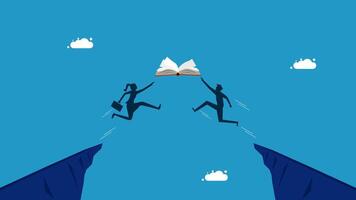 two people jumping over a cliff to get to a book vector