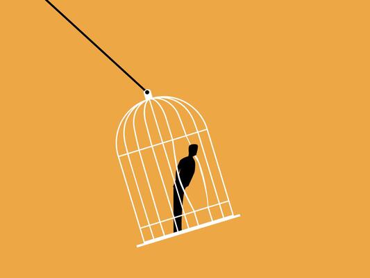 Businessman tries to escape from cage to freedom