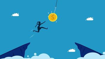 woman is jumping from a cliff to catch a coin vector