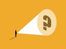Businessman holding a flashlight searching for question marks to solve problems vector