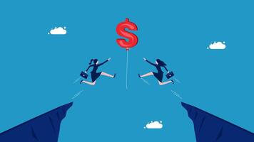 two business people are jumping over a cliff to get a dollar sign vector