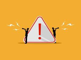 Urgent message, communication, businessman announces through loudspeaker with warning sign vector
