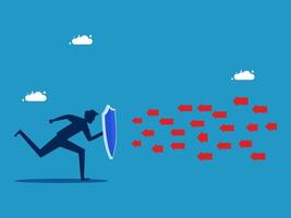 businessman running with a shield and red arrows vector