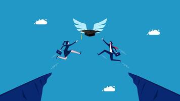 two people jumping over a cliff with a graduation cap on one person and a bird on the other vector