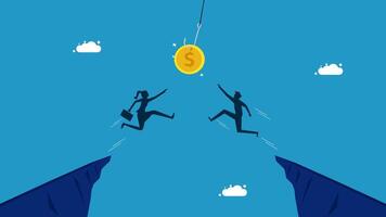 two people jumping over a cliff to catch a coin vector